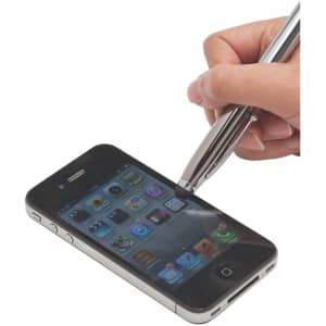 A sleek silver stylus pen being used on a smartphone's touchscreen, featuring a logo.