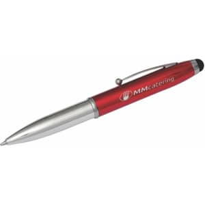 A red and silver 3-way stylus pen featuring a sleek design and a logo on the barrel.