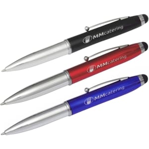A set of three stylus pens in black, red, and blue, each featuring a logo.