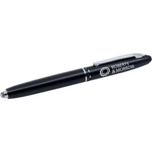 A black stylus pen with a shiny silver clip and a logo on the side.
