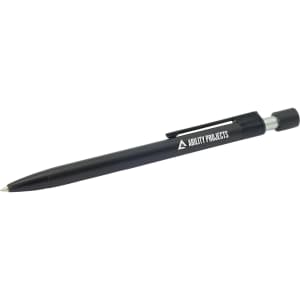 A metal pen in sleek black, featuring a clip and a branding logo, angled to display its tip.