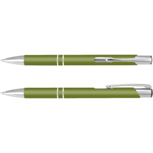 An olive green pen with silver accents, featuring a sleek design and a clip. Suitable for promotional use.