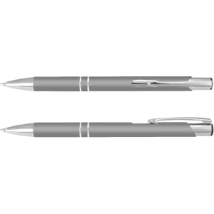 A silver-grey pen with chrome accents, featuring a sleek design and a clip for attachment.