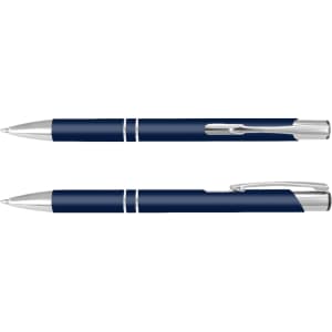 A navy blue pen with silver accents, featuring a sleek design and a clip for attachment.