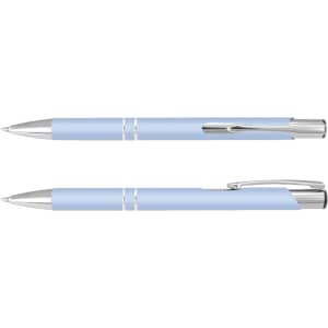 A light blue pen with silver accents, featuring a sleek design and a clip for convenience. It has a logo displayed.