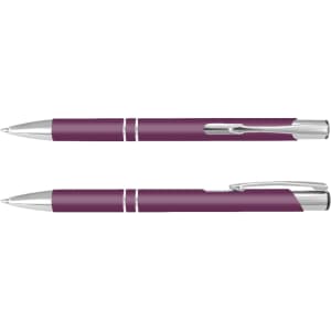 A purple pen with silver accents, featuring a sleek design and a clip for easy attachment.