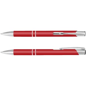 A red pen with silver accents and a sleek design, featuring a clip and a smooth barrel.