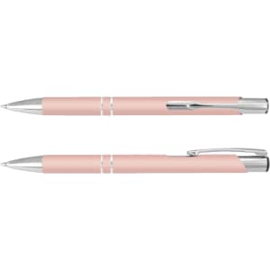 A pink pen with chrome accents, featuring a sleek design and a clip on one end. It has a smooth finish.