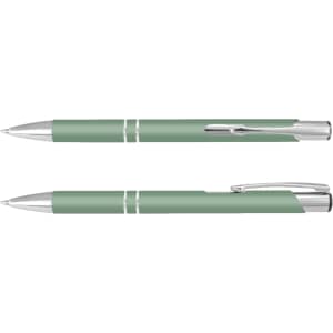 A green pen with silver accents, featuring a sleek design and a clip for easy attachment.