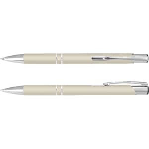 A cream-coloured pen with silver accents, featuring a sleek design and a clip for easy attachment.