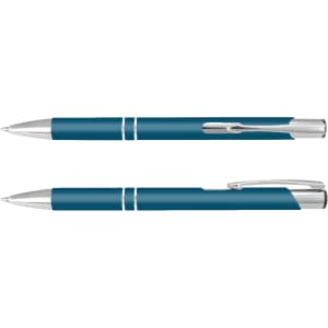 A blue and silver pen with a sleek design and a shiny finish, featuring a logo.