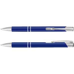 A blue lacquer pen with silver accents, featuring a sleek design and a clip for easy attachment.
