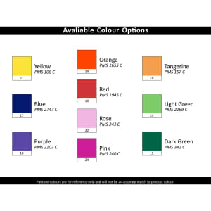 A colour chart displaying ten shades including yellow, orange, blue, red, and pink, with their Pantone references.