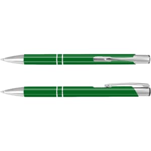 A green lacquer pen with chrome accents, featuring a sleek design and a clip for easy attachment.