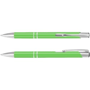 A green lacquer pen with chrome accents, featuring a sleek design. It has a logo on its body.