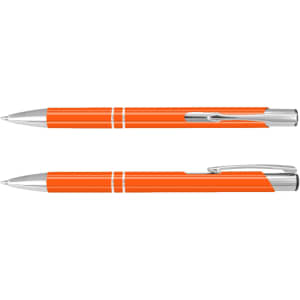 An orange lacquer pen with silver accents, featuring a sleek design and a clip for easy attachment.