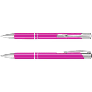 A pink lacquer pen featuring silver accents and a sleek design, displayed from multiple angles.