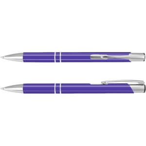 A purple lacquer pen with silver accents, featuring a polished metal clip and decorative bands.