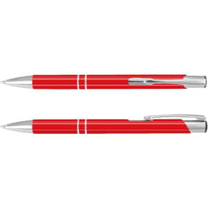 A red lacquer pen with silver accents and a clip, displayed from two angles.