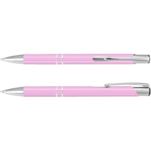A pink lacquer pen with silver accents, featuring a sleek design and a clip for easy attachment.