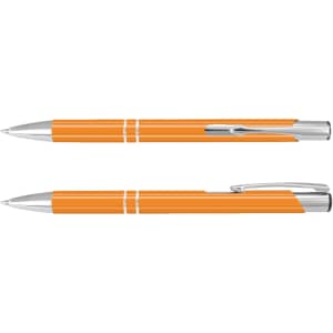 An orange lacquer pen with silver accents, featuring a smooth finish and a clip for easy attachment.
