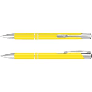 A yellow lacquer pen with silver accents, featuring a sleek design and a branding logo.