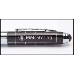 A metal pen in black with a silver clip and a logo displayed on the barrel.