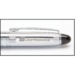 A metallic silver pen with a knurled grip and a black tip, featuring a logo on the barrel.