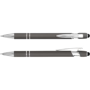 A grey stylus pen with silver accents and a touch screen tip, featuring a logo. Two pens are displayed side by side.