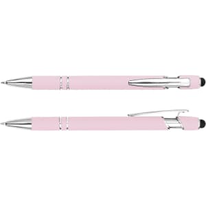 A pink stylus pen with silver accents and a clip, featuring a sleek and modern design.