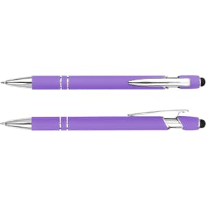 A purple stylus pen with chrome accents, featuring a writing tip and a soft touchscreen stylus. It has a logo.