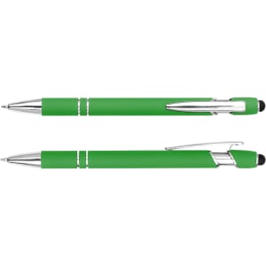 A green stylus pen with chrome accents and a black rubber tip, featuring a logo on the barrel.