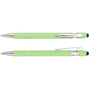 A stylus pen in light green with chrome accents and a clip, featuring a smooth writing tip.