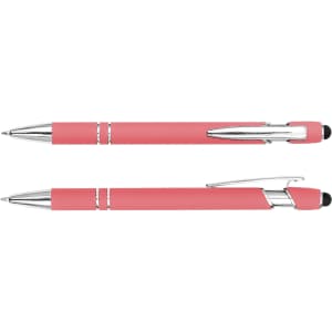 A pink stylus pen with chrome accents, featuring a retractable ballpoint and a touch screen tip.