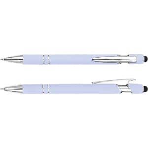 A stylus pen in light blue with silver accents and a touch tip. The pen features a sleek design and has branding.