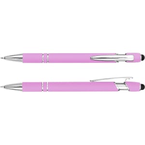A pink stylus pen with chrome accents and a sleek design, featuring both a ballpoint and a touch tip.