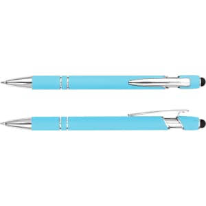 A stylus pen in blue, featuring a silver trim and a retractable design with a rubber tip.