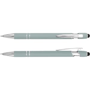 A stylus pen in a muted green colour with silver accents and a rubber tip. It features a clip and branding.
