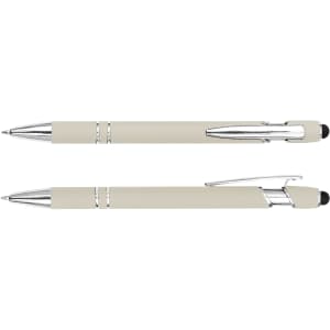 A stylus pen in a cream colour with chrome accents, featuring a smooth barrel design and a logo.