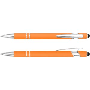 An orange stylus pen with chrome accents, featuring a smooth finish and a clip. It also has a logo.