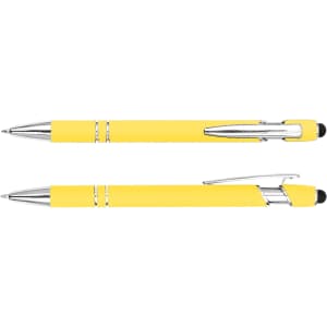 A yellow stylus pen with silver accents, featuring a glossy finish and a clip for easy attachment.