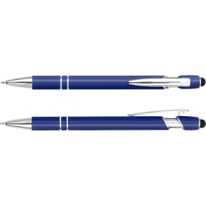 A blue Colombo Lacquer stylus pen with silver accents and a sleek design, featuring a clip and a stylus tip.