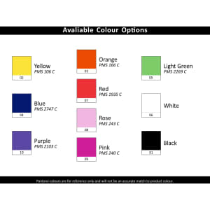 A colour chart featuring options for a stylus pen, including yellow, orange, light green, blue, red, rose, purple, pink, black, and white.