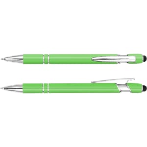 A green stylus pen with chrome accents and a black tip, featuring a logo.