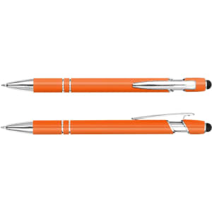 An orange stylus pen with chrome accents and a black tip, featuring a logo on its body.