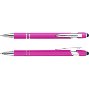 A pink stylus pen with chrome accents and a clip, featuring a rubber tip at one end. It includes a logo.