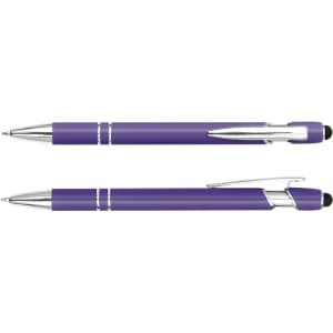 A purple stylus pen with chrome accents, featuring a smooth finish and a clip for easy attachment.