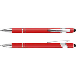 A red stylus pen with a shiny chrome clip and accents, featuring a touch screen tip and ballpoint tip.