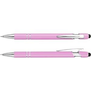 A pink stylus pen with chrome accents, featuring a ballpoint tip and a touch screen stylus tip. It has a logo.