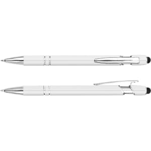 A white stylus pen with chrome accents and a soft tip, featuring a logo on the barrel.